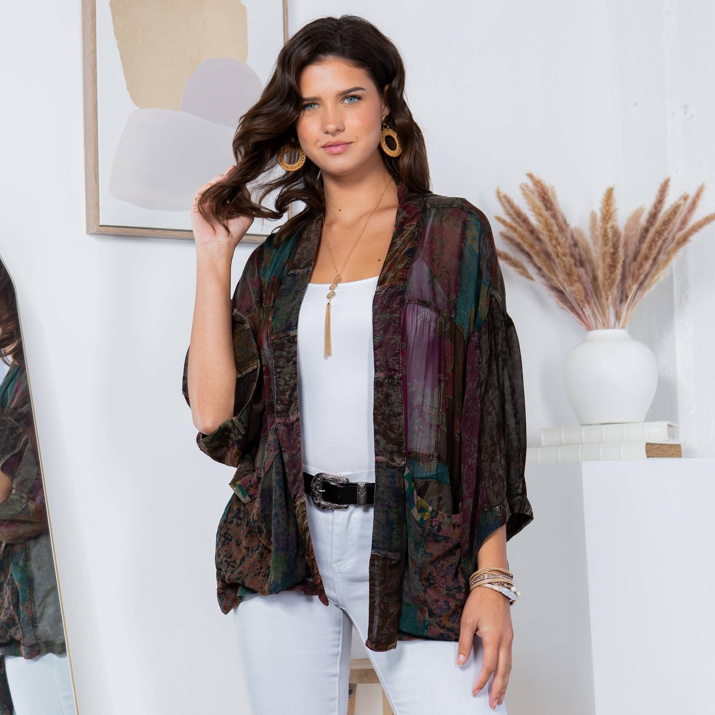 Gravel overdyed patchwork kimono top in mixed georgette prints with a loose, flowy fit