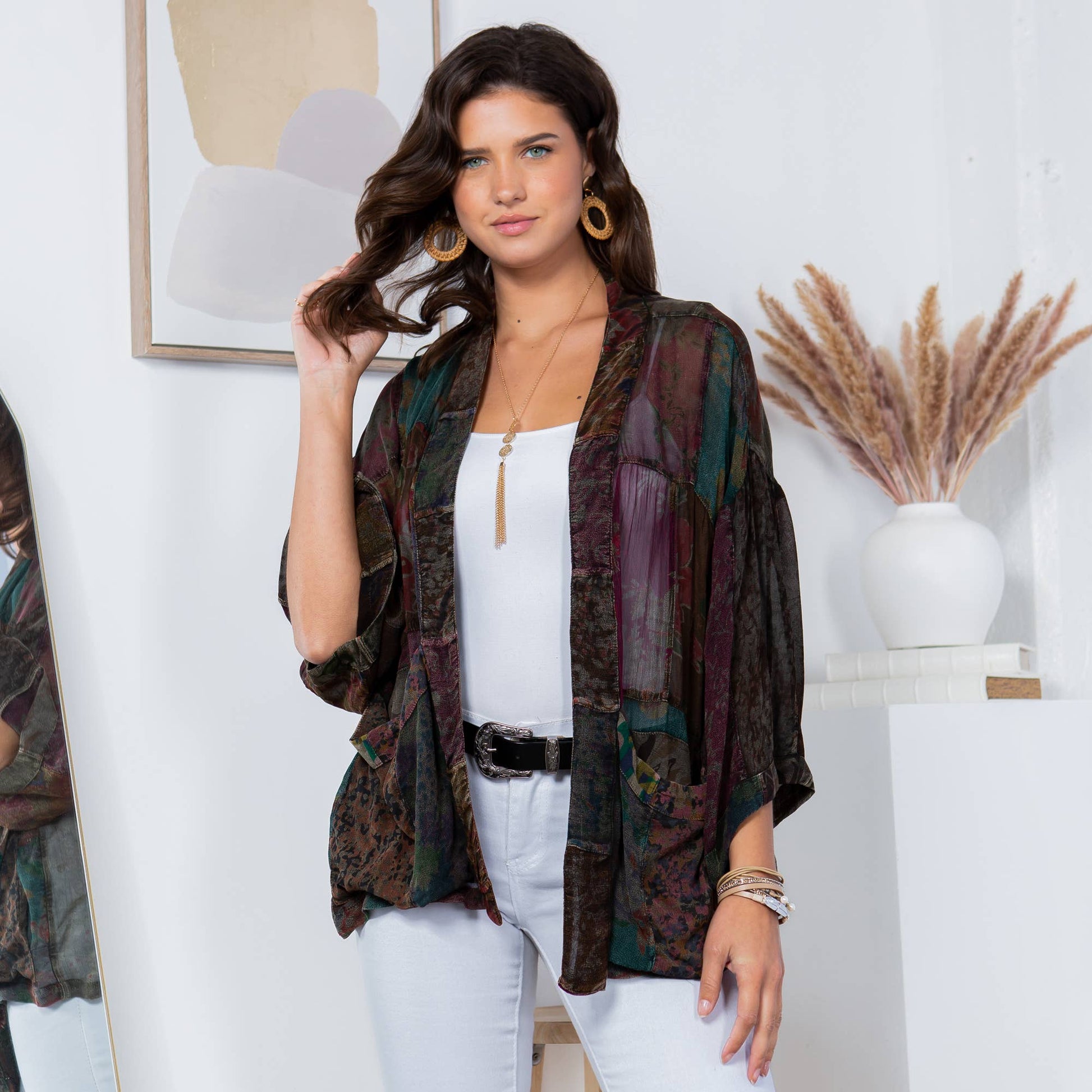 Gravel overdyed patchwork kimono top in mixed georgette prints with a loose, flowy fit