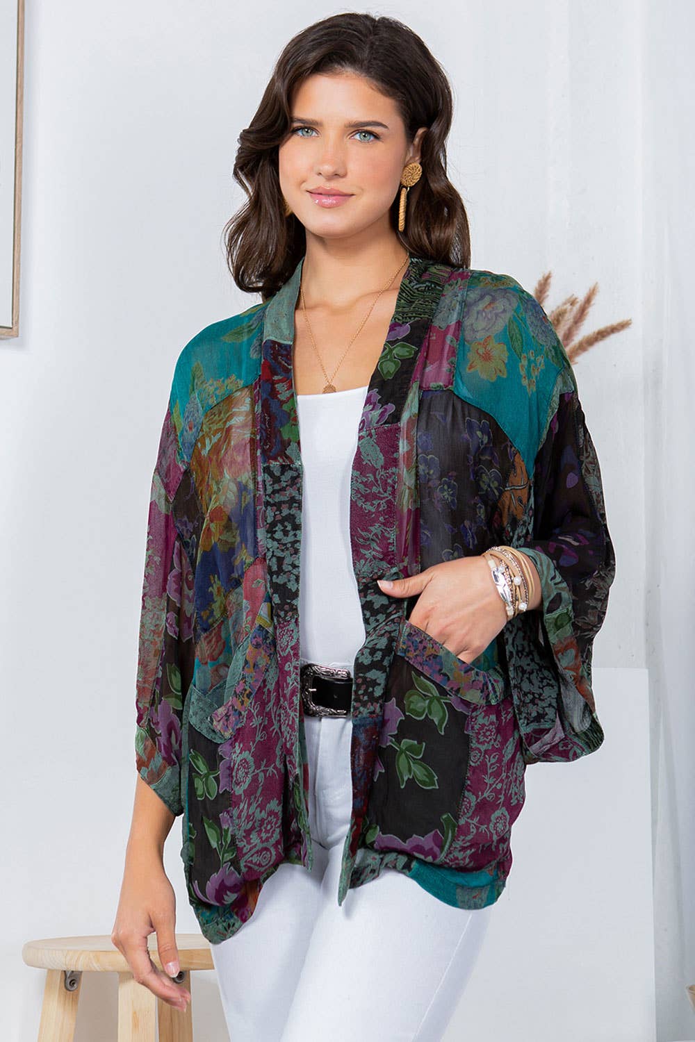 Gravel overdyed patchwork kimono top in mixed georgette prints, photo 2 of 5