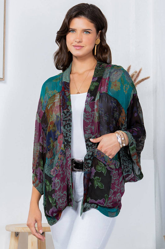Gravel overdyed patchwork kimono top in mixed georgette prints with a loose, flowy fit