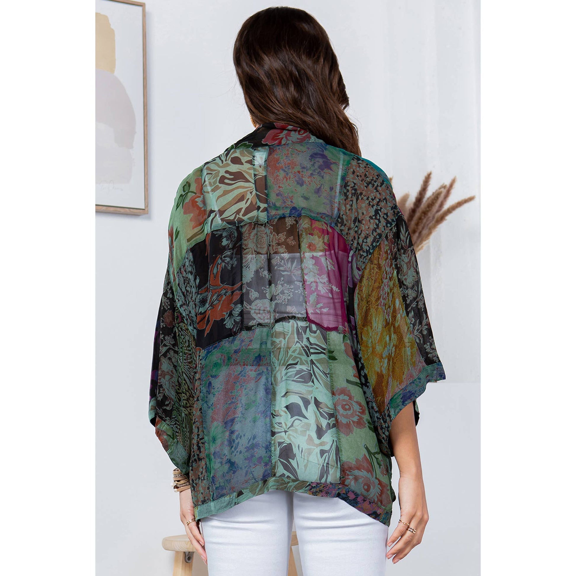 Gravel overdyed patchwork kimono top in mixed georgette prints, photo 3 of 5