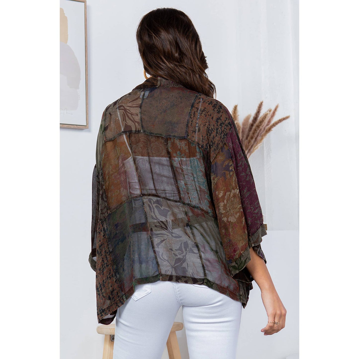 Gravel overdyed patchwork kimono top in mixed georgette prints, photo 4 of 5