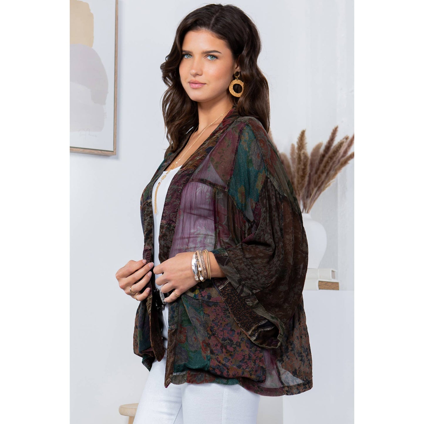 Gravel overdyed patchwork kimono top in mixed georgette prints, photo 5 of 5
