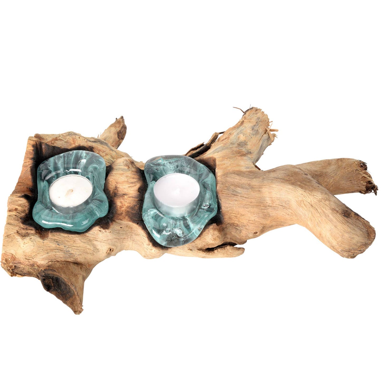 Large double molten glass candle holder on natural wood