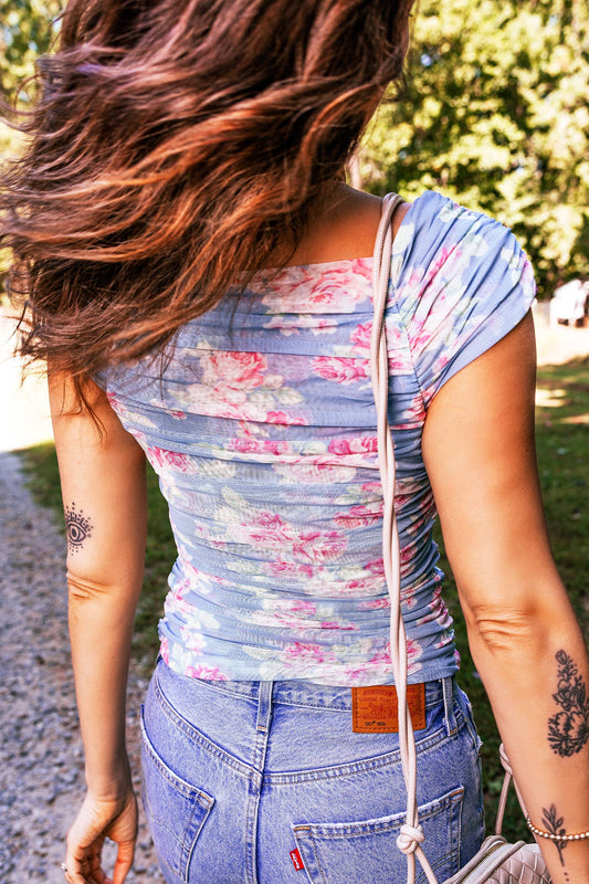 Floral Mesh Ruched Short Sleeve Top - Lavender, photo 2 of 4