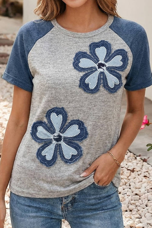 Floral Patchwork Colorblock Raglan Tee - Dark Blue & Gray