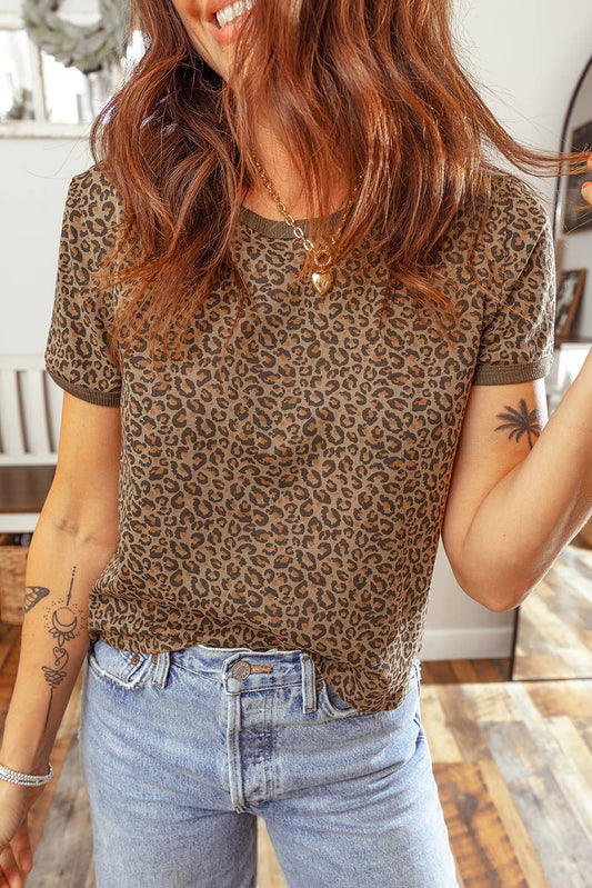 Fierce Leopard Crew Neck T-Shirt - Khaki