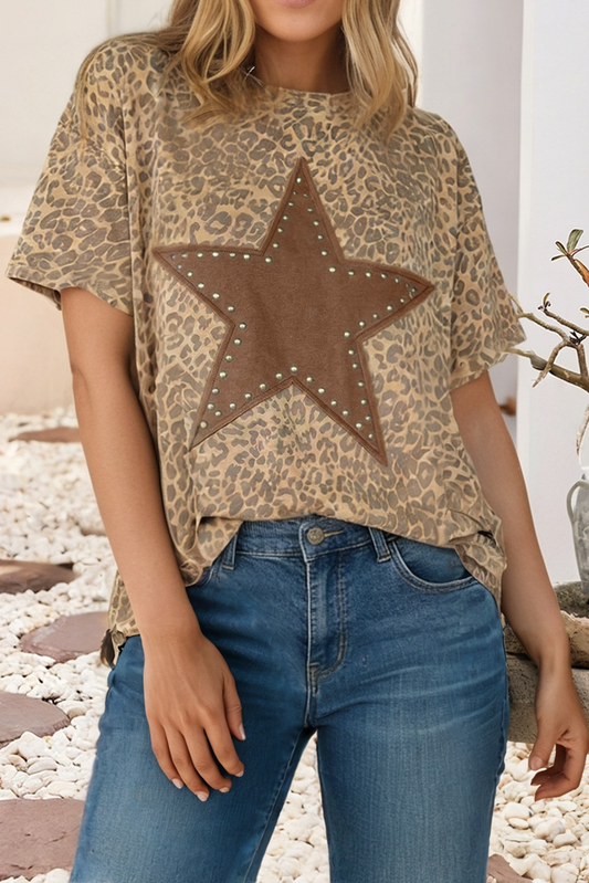Western Leopard Patchwork Short Sleeve Top - Khaki