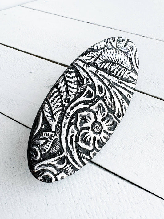 KardiKlips Cinch Clip - "Impressions" Floral Silver & Black Leather, photo 2 of 5