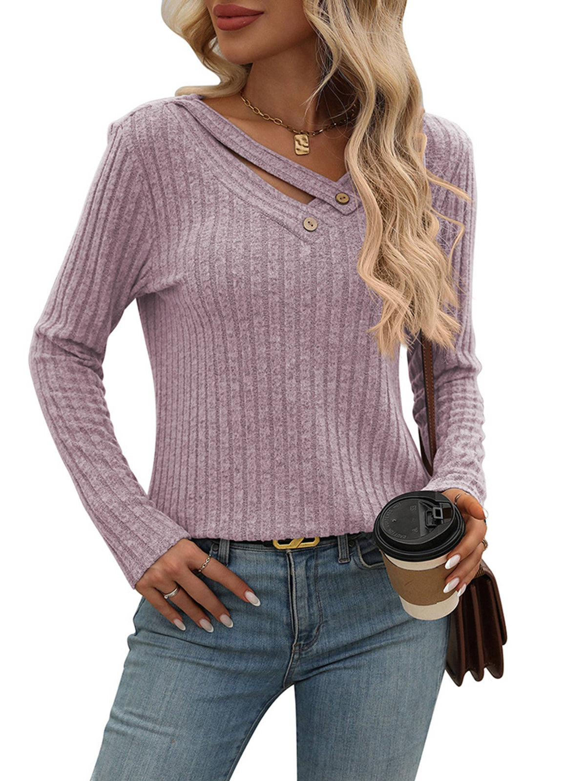 Leisure V-Neck Button Knit Top - Purple, photo 1 of 2