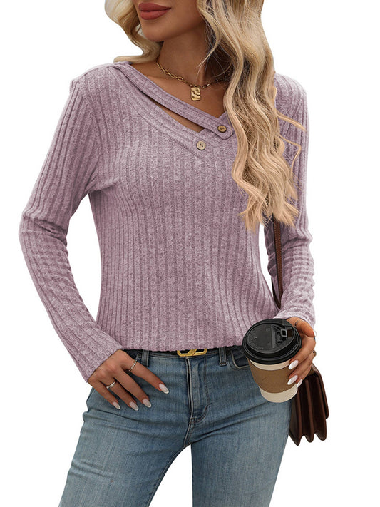 Leisure V-Neck Button Knit Top - Purple, photo 1 of 2