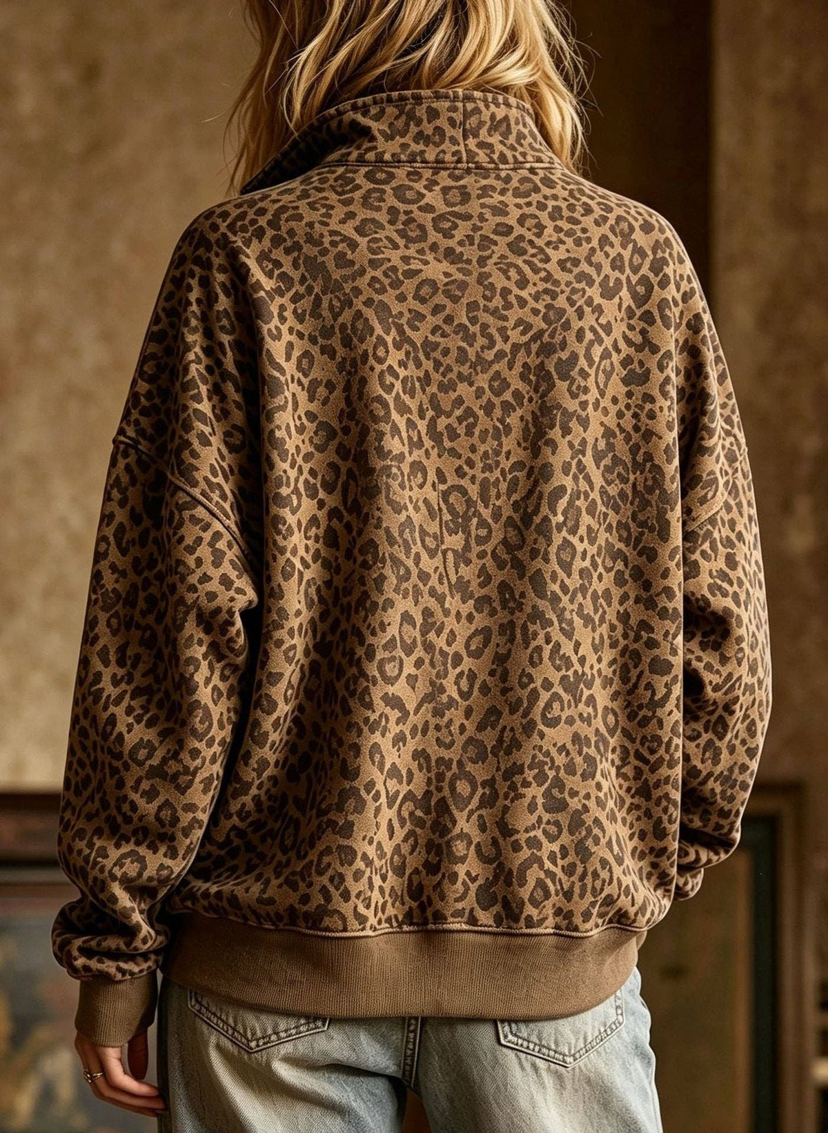 Back view of the leopard print oversized sweatshirt with ribbed hem