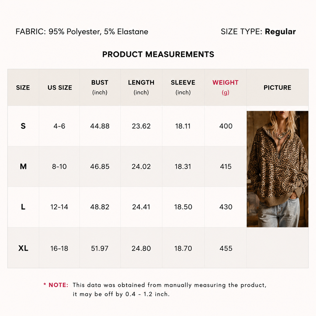 Size chart for the leopard half zip sweatshirt, sizes S to XL with bust, length and sleeve in inches