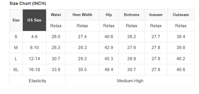 Supplier size chart for the leopard wide leg pants, sizes S through XL