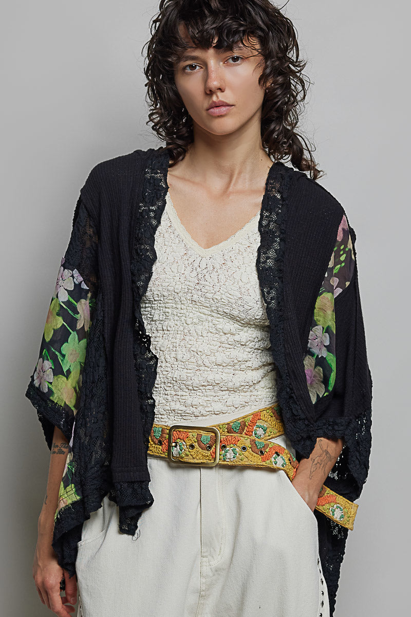 Lightweight open-front ribbed knit cardigan with lace accents by Pol Clothing