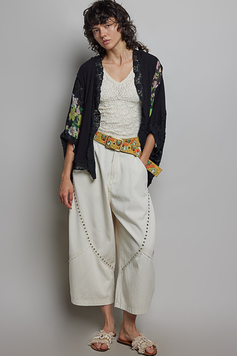 Lightweight open-front ribbed knit cardigan with lace accents, photo 2 of 4