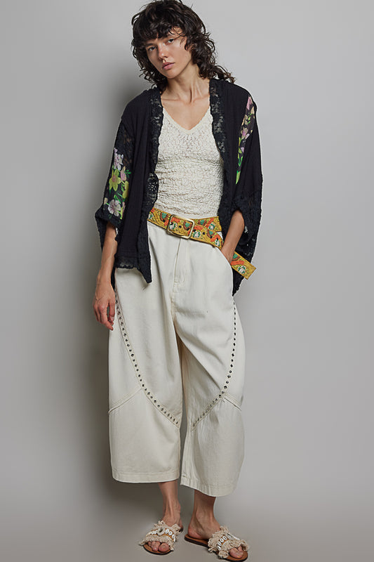 Lightweight open-front ribbed knit cardigan with lace accents by Pol Clothing