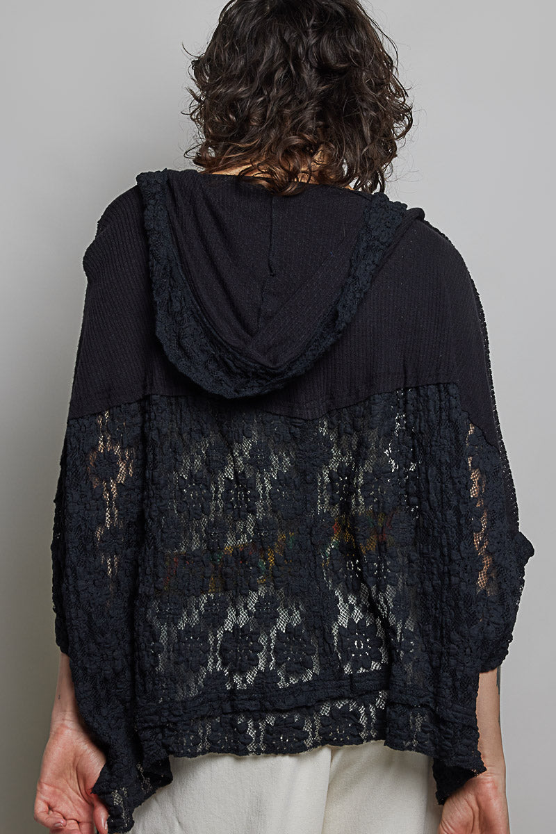 Lightweight open-front ribbed knit cardigan with lace accents, photo 3 of 4