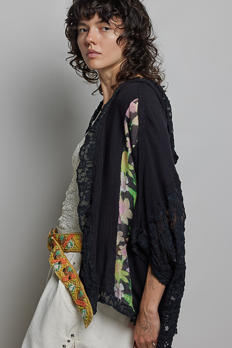 Lightweight open-front ribbed knit cardigan with lace accents, photo 4 of 4