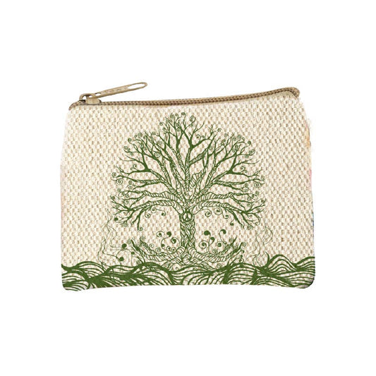 Cream canvas zip coin purse printed with a tree of life drawn in fine green line work with mirrored roots and branches