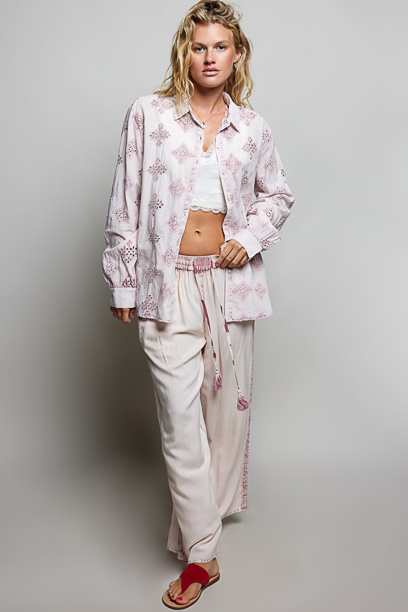 Rose pink eyelet cutwork button front shirt with long sleeves, photo 2 of 4
