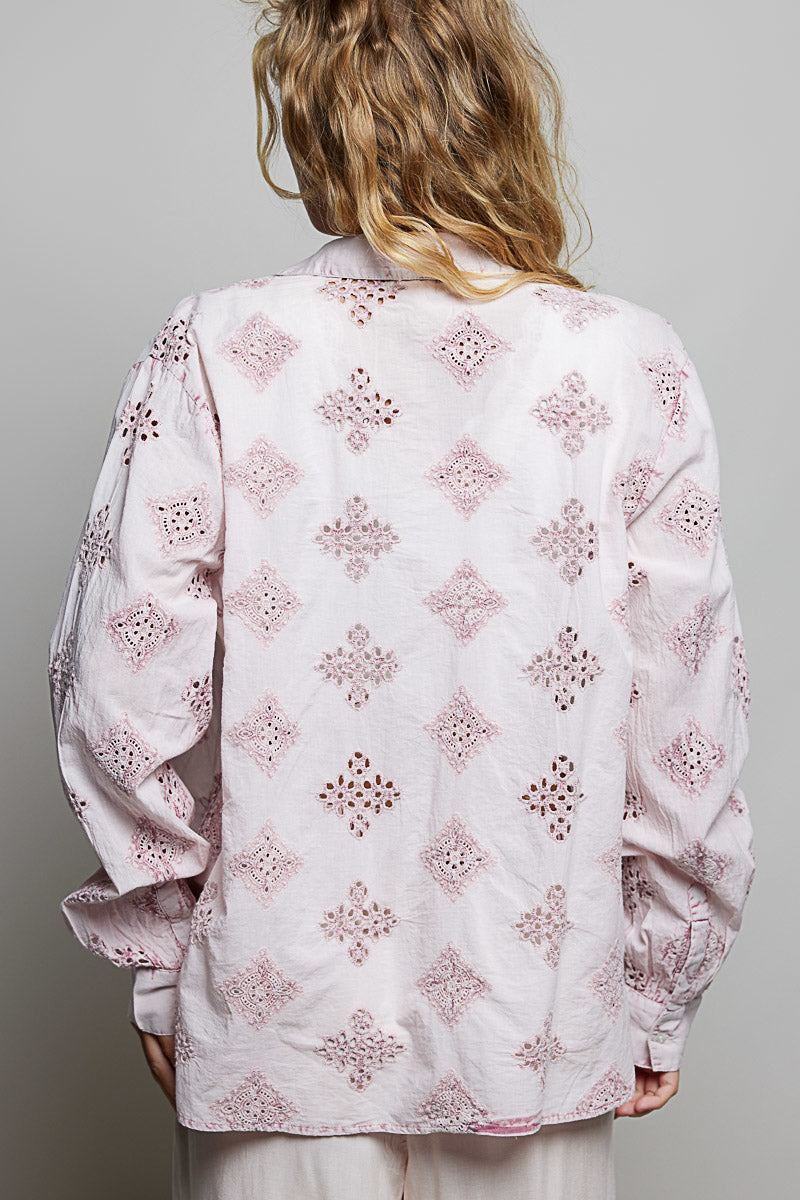 Rose pink eyelet cutwork button front shirt with long sleeves, photo 3 of 4