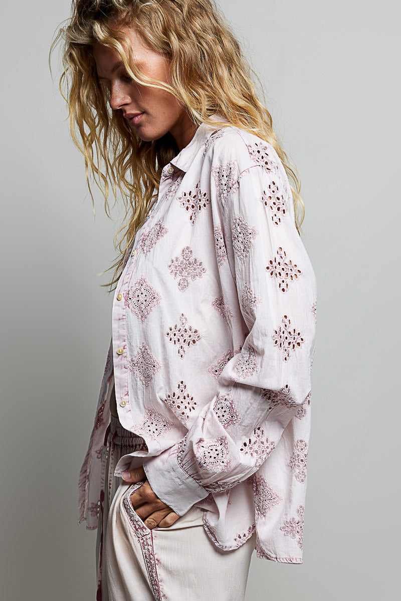 Rose pink eyelet cutwork button front shirt with long sleeves, photo 4 of 4