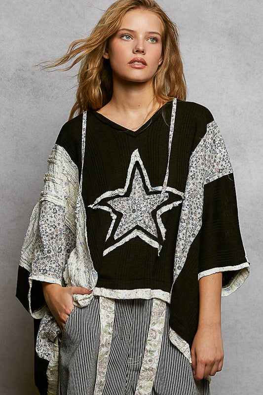 Lace Contrast Floral Star Patch Knit Top - Black, photo 2 of 3