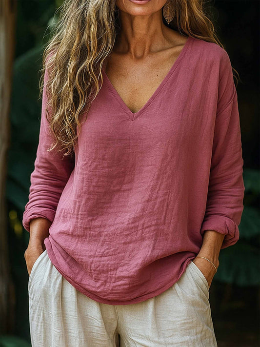 Loose Linen-Like Long Sleeve V-Neck Shirt - Pink, photo 1 of 2