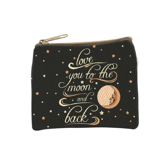 Black zip coin purse with love you to the moon and back in gold script over a gold crescent moon and stars