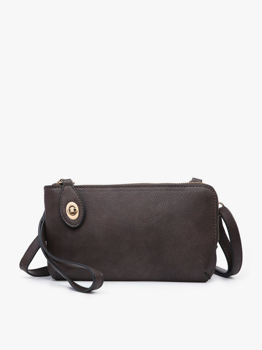 Coffee brown vegan leather crossbody wristlet bag with twist-lock closure and adjustable strap