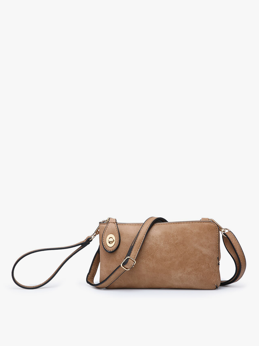 Mocha brown vegan leather crossbody wristlet bag with twist-lock closure and detachable wristlet strap