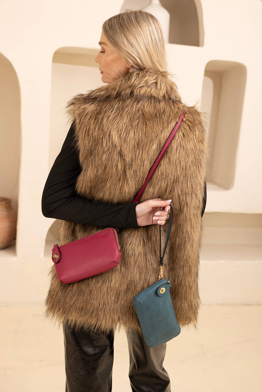 Mocha brown vegan leather crossbody wristlet bag with twist-lock closure, photo 2 of 5