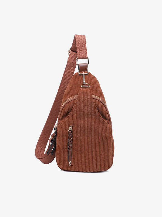 Brown corduroy and vegan leather dual-compartment sling bag with gold-tone hardware