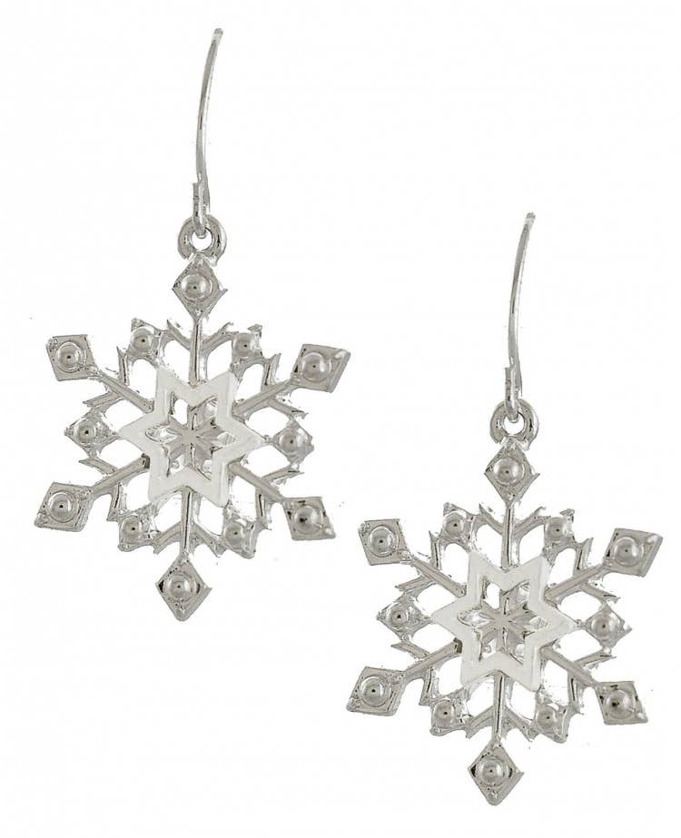 Close view of the matte silver snowflake earrings