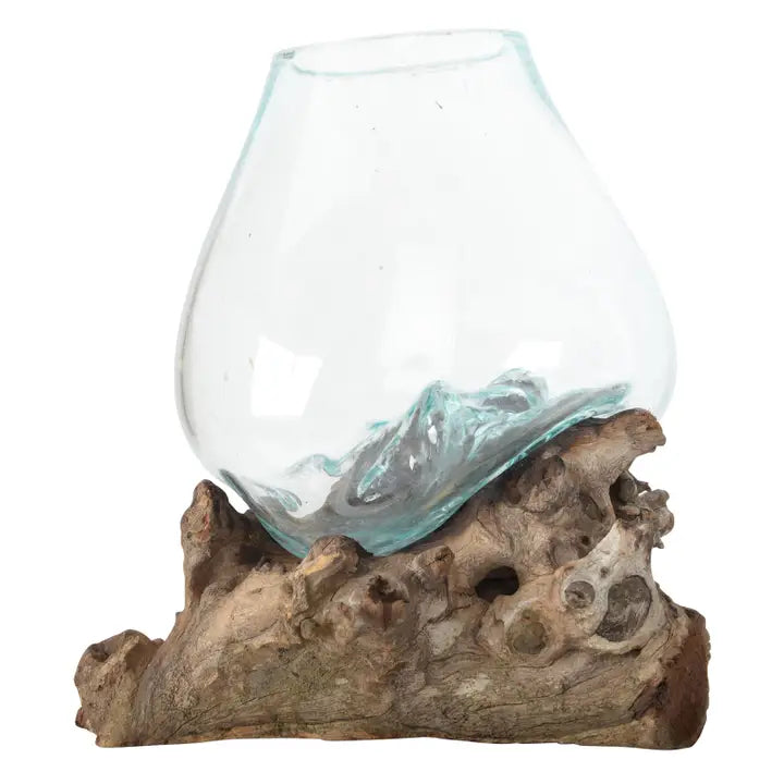 Medium Molten Glass Bowl with Natural Wood