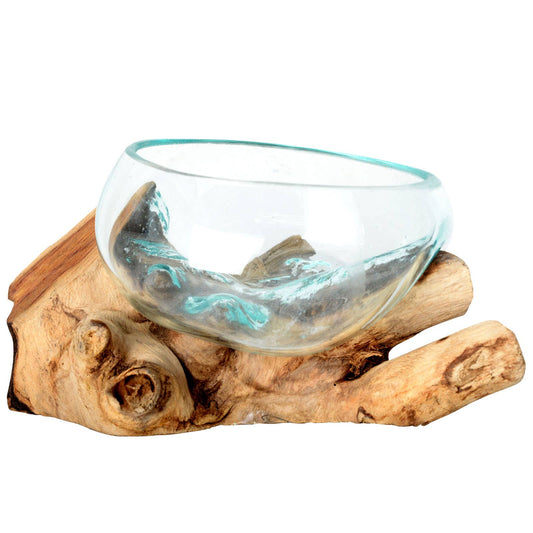 Medium molten glass bowl on natural wood base