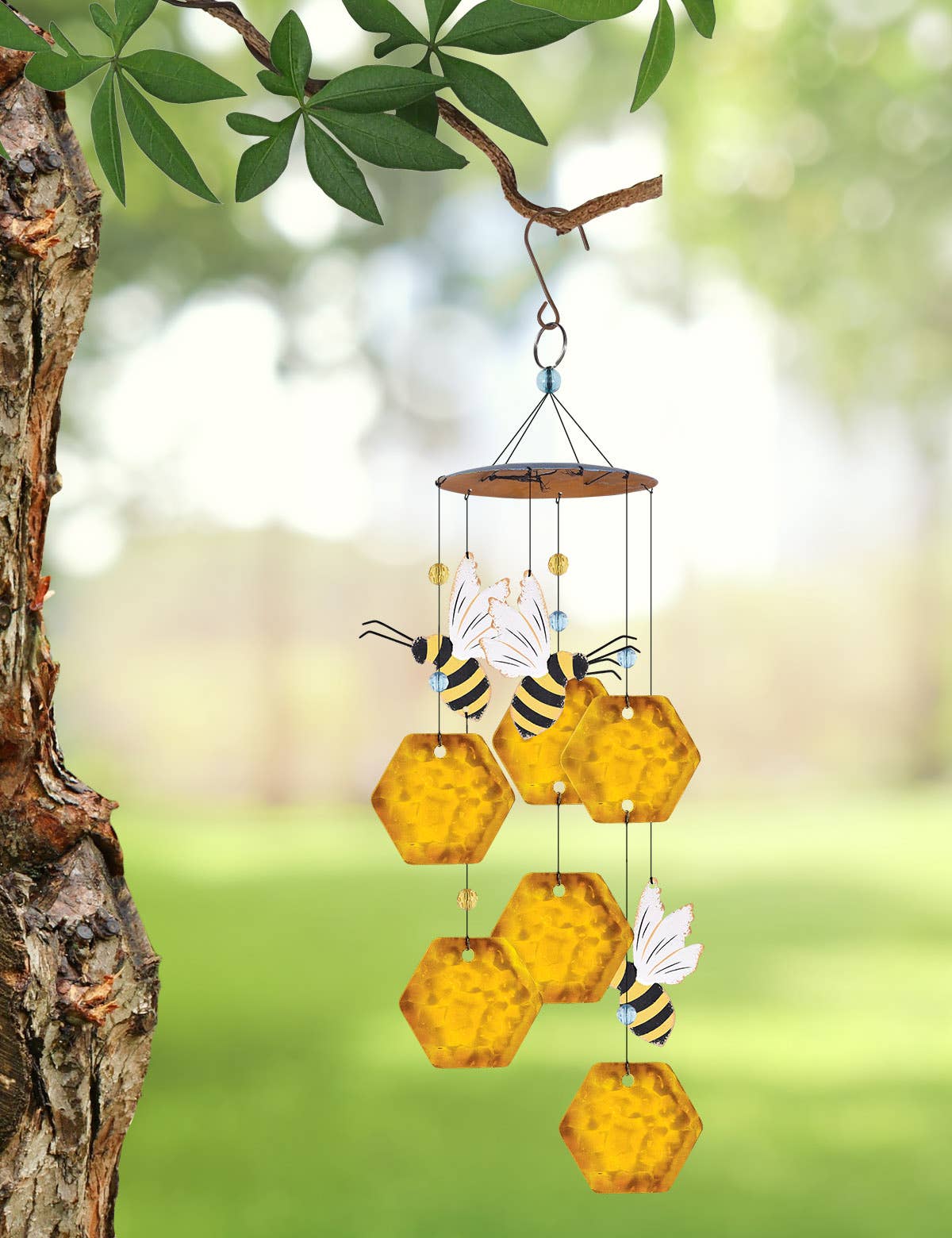 Honeybee & Honeycomb Metal Garden Wind Chime - metal, glass and acrylic