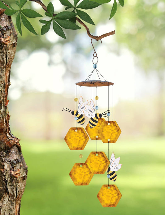 Honeybee & Honeycomb Metal Garden Wind Chime - metal, glass and acrylic