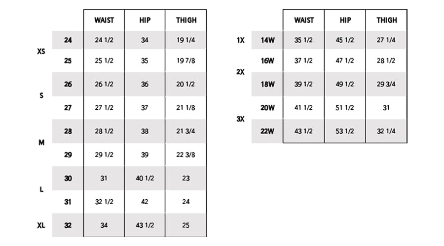 Mica denim size chart listing waist, hip and thigh measurements in inches for sizes 24 through 32 and 14W through 22W