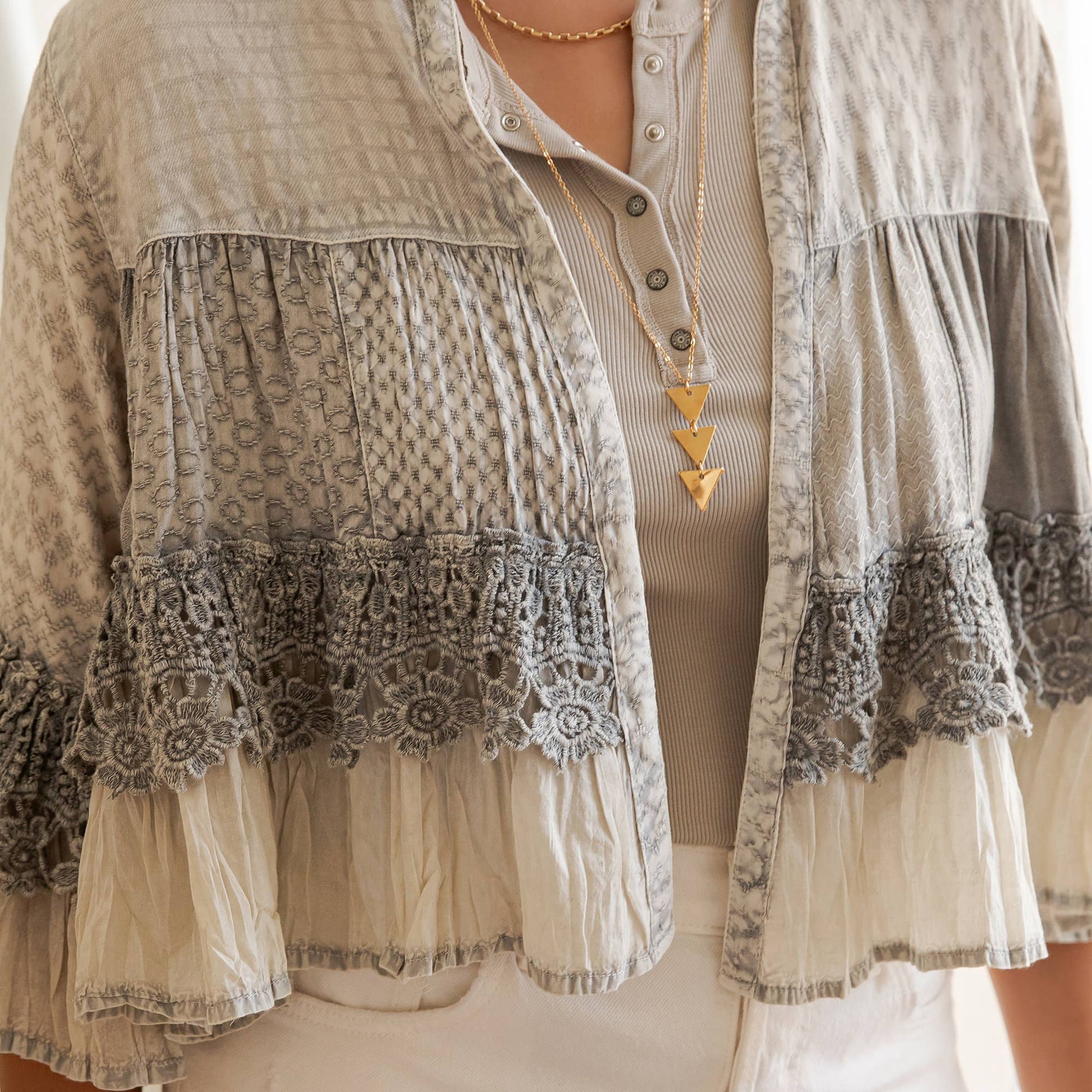 Mineral Wash Tiered Crochet Lace Open-Front Shrug - Latte, photo 7 of 9