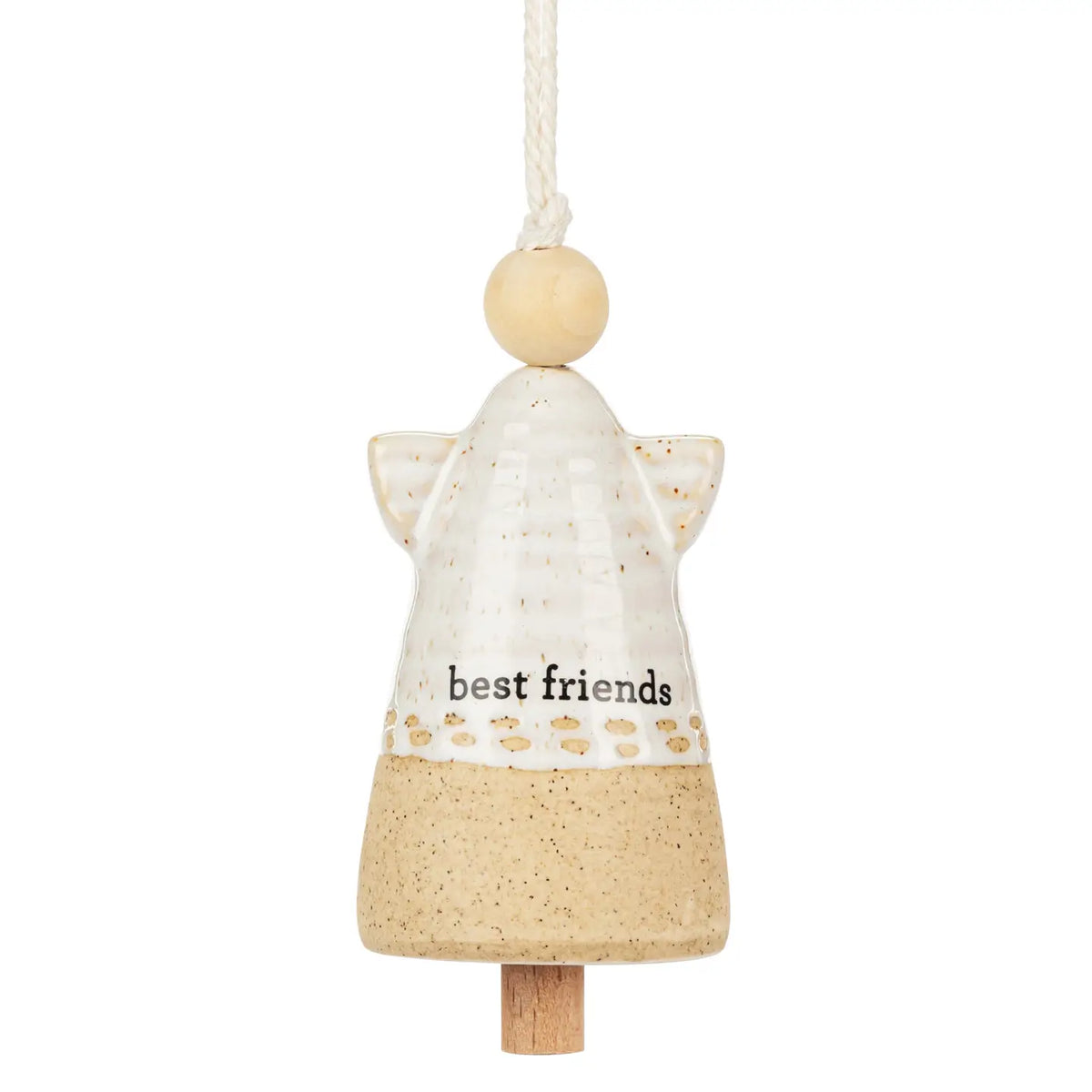 Cream angel shaped mini bell with the words best friends hanging from a cord