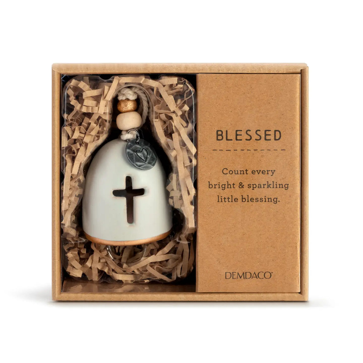 Mini Inspired Bell Blessed in its kraft gift box, cream bell with a cross