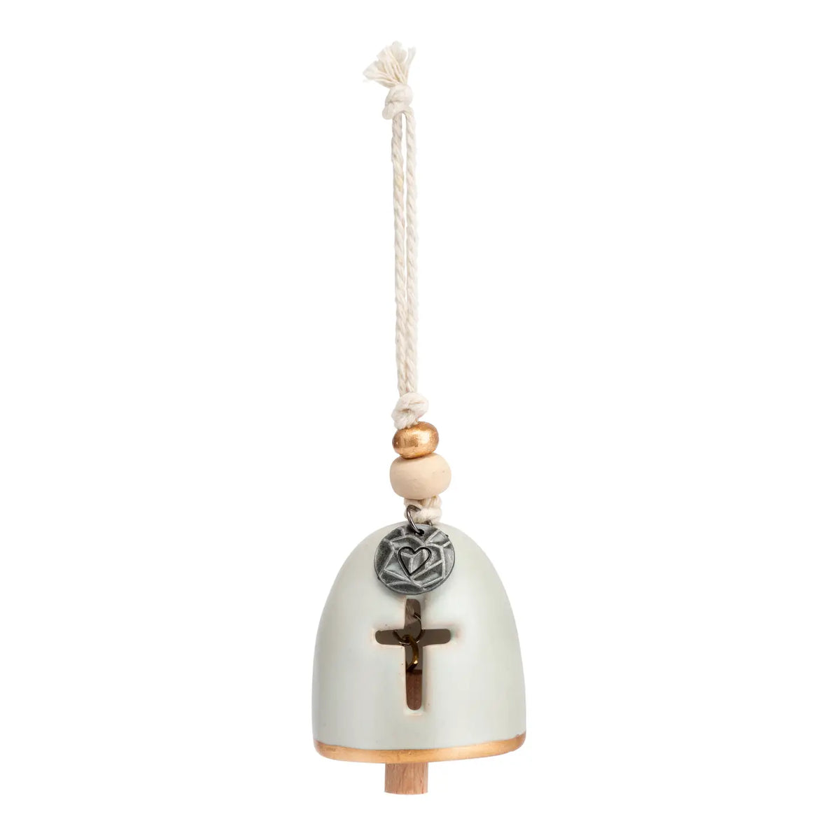 Cream Mini Inspired Bell with a cross on the front hanging from a cord with wooden beads