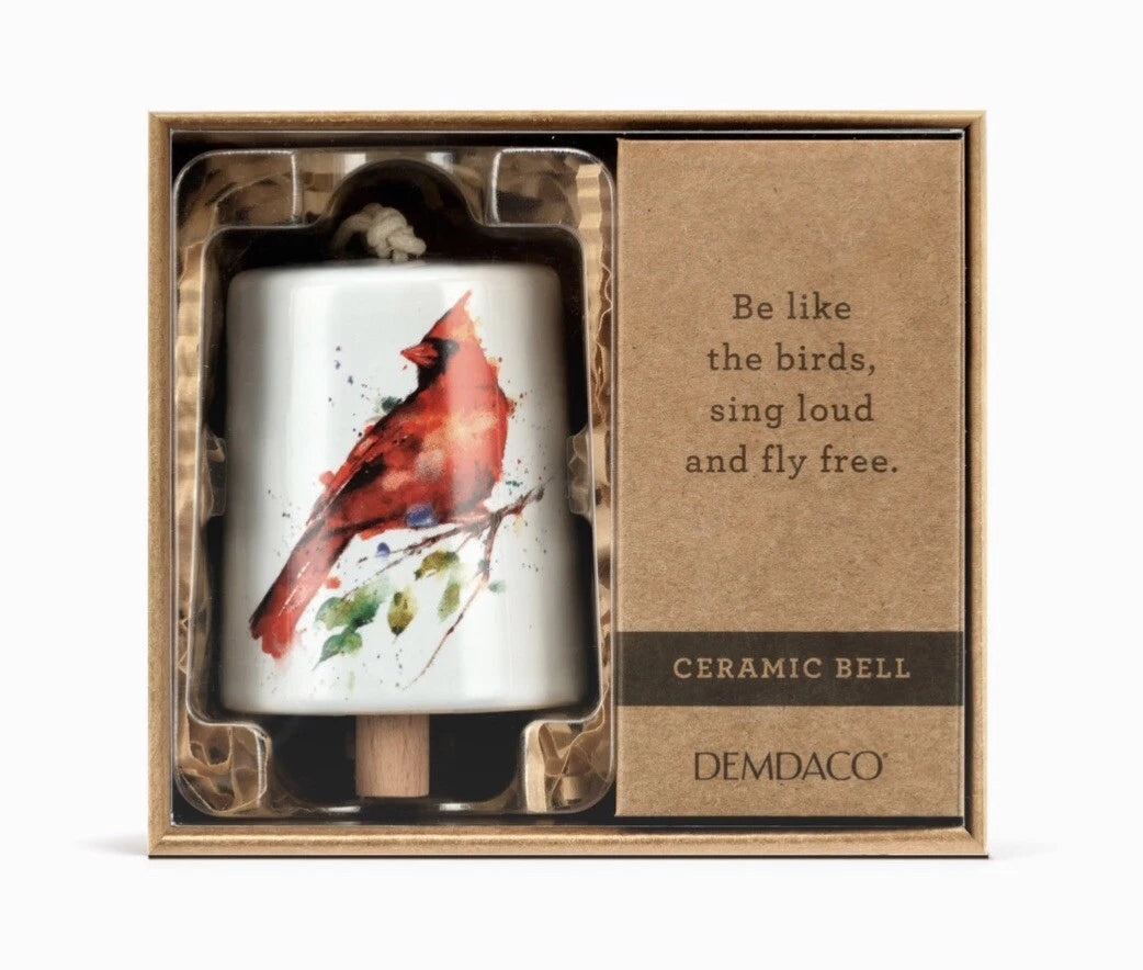 Mini Inspired Bell Cardinal in its kraft gift box, white ceramic bell with a painted red cardinal