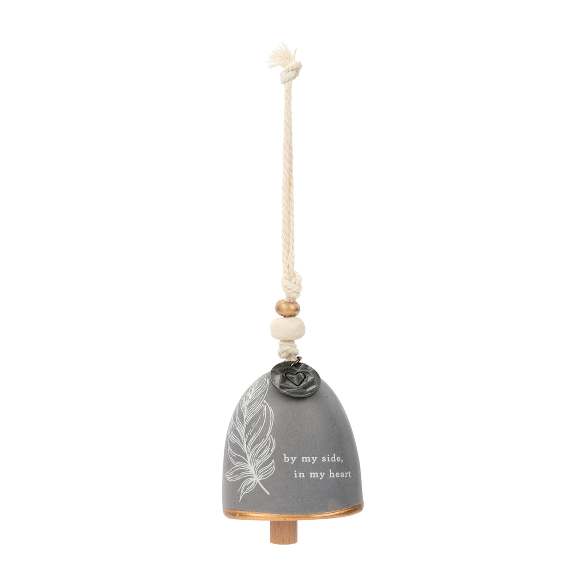 Gray feather Mini Inspired Bell hanging from a cord with wooden beads and clapper