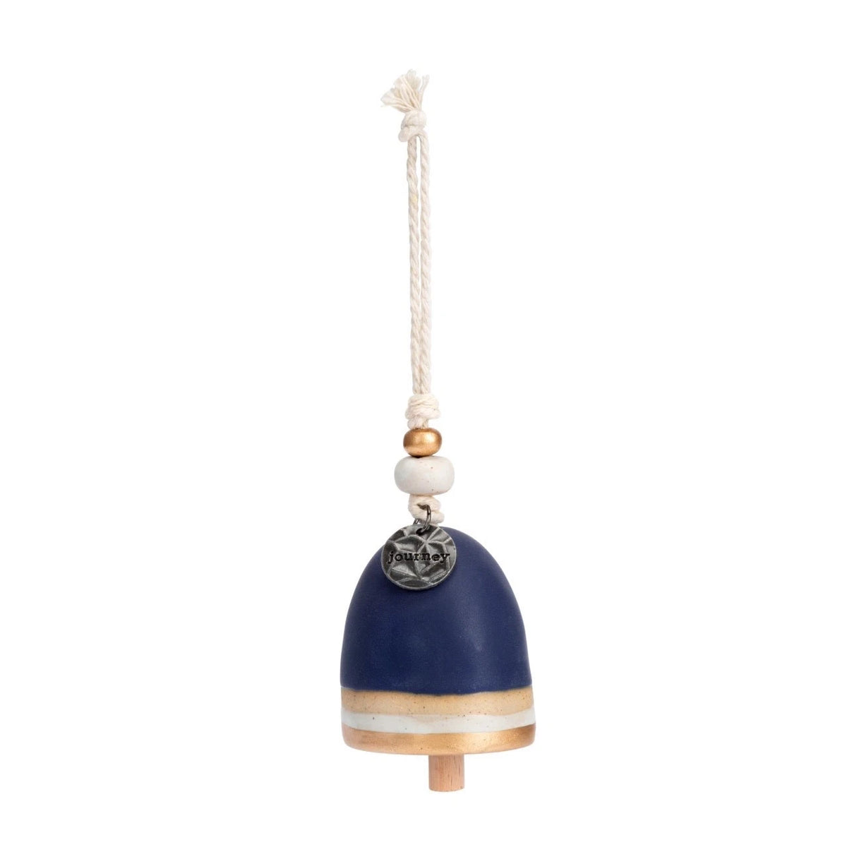 Navy and white Mini Inspired Bell Journey hanging from a cord with a wooden bead