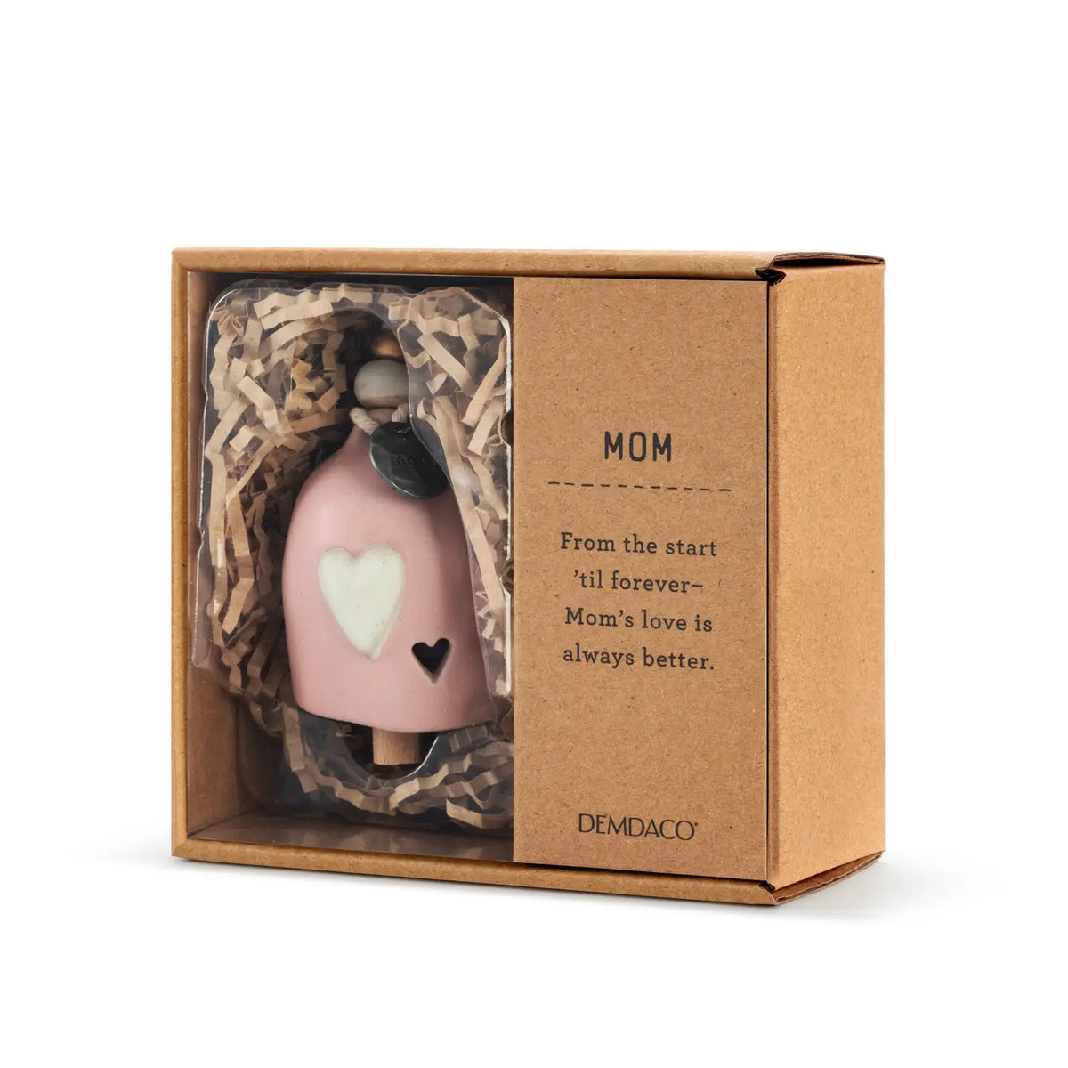 Mini Inspired Bell Mom in its kraft gift box, pink bell with a white heart