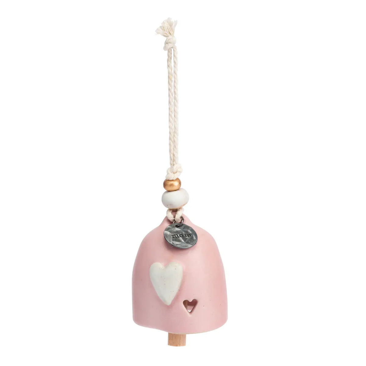 Pink stoneware Mini Inspired Bell with a white heart hanging from a cord with wooden beads