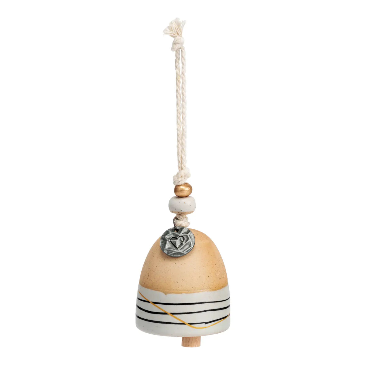 Cream Mini Inspired Bell with gray stripes hanging from a cord with wooden beads
